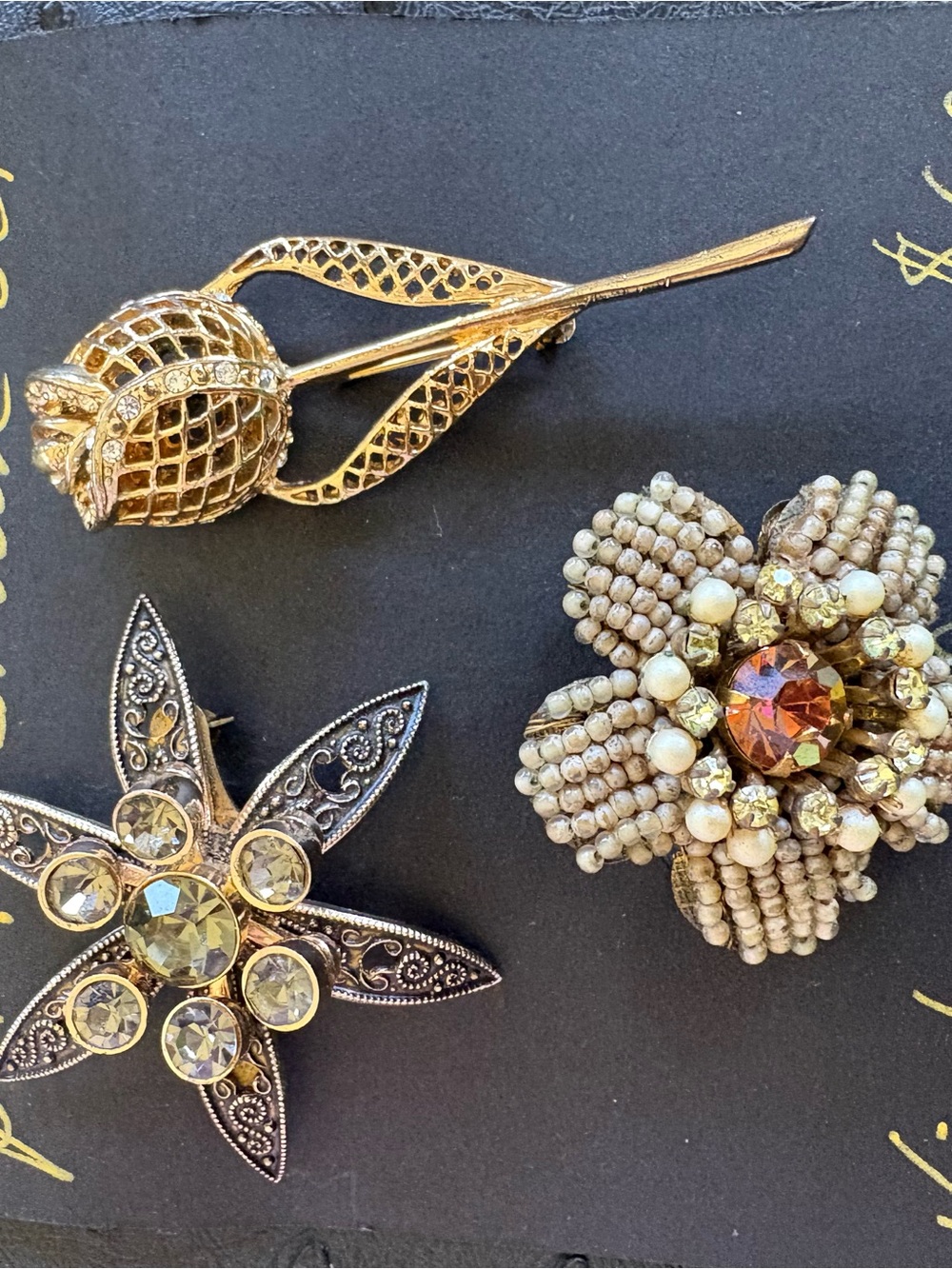 Vintage Gold-tone Beaded Flower and Crystal Brooch Set - Women's Jewelry